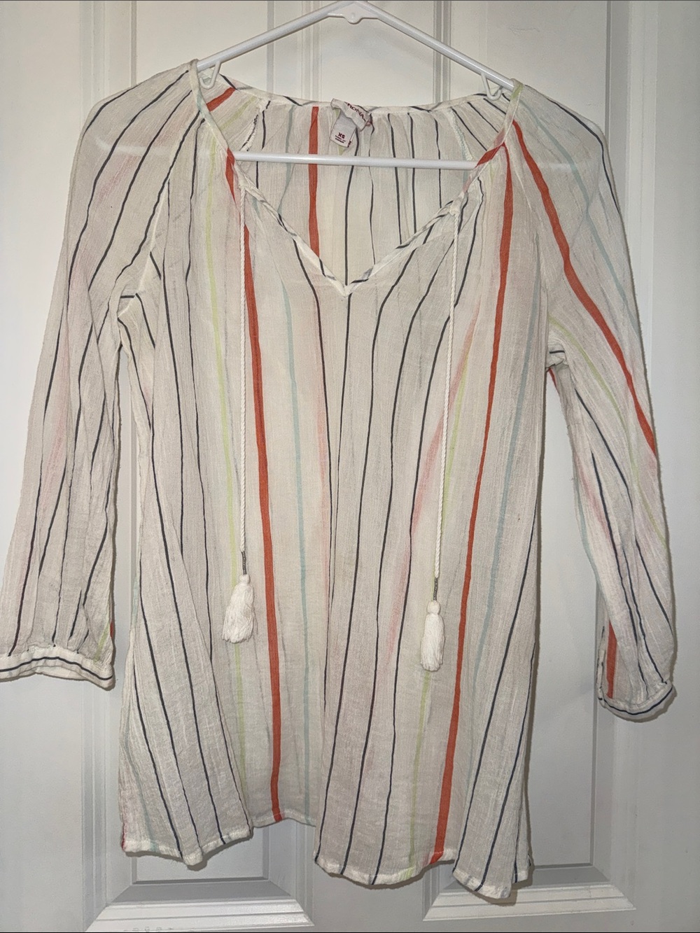 Striped V-Neck Peasant Top in Cream with Multi-Colored Stripes
